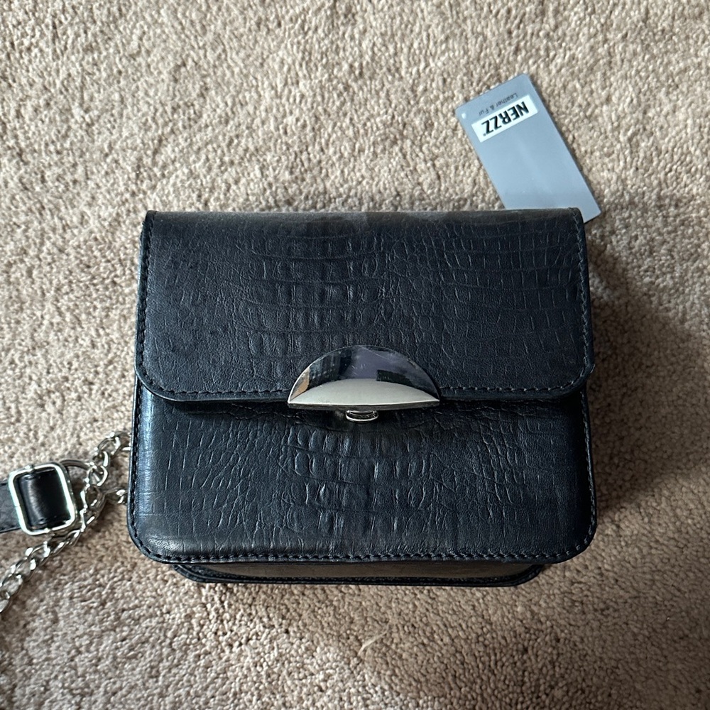 Black Croc-Embossed Chain Bag